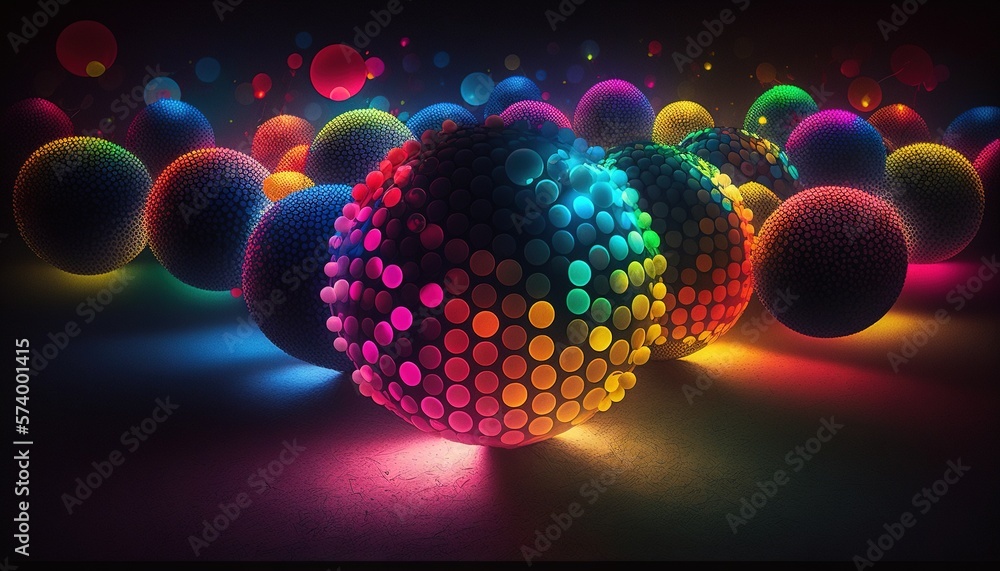  a colorful array of balls in a dark room with a spotlight on the floor and on the wall behind them 