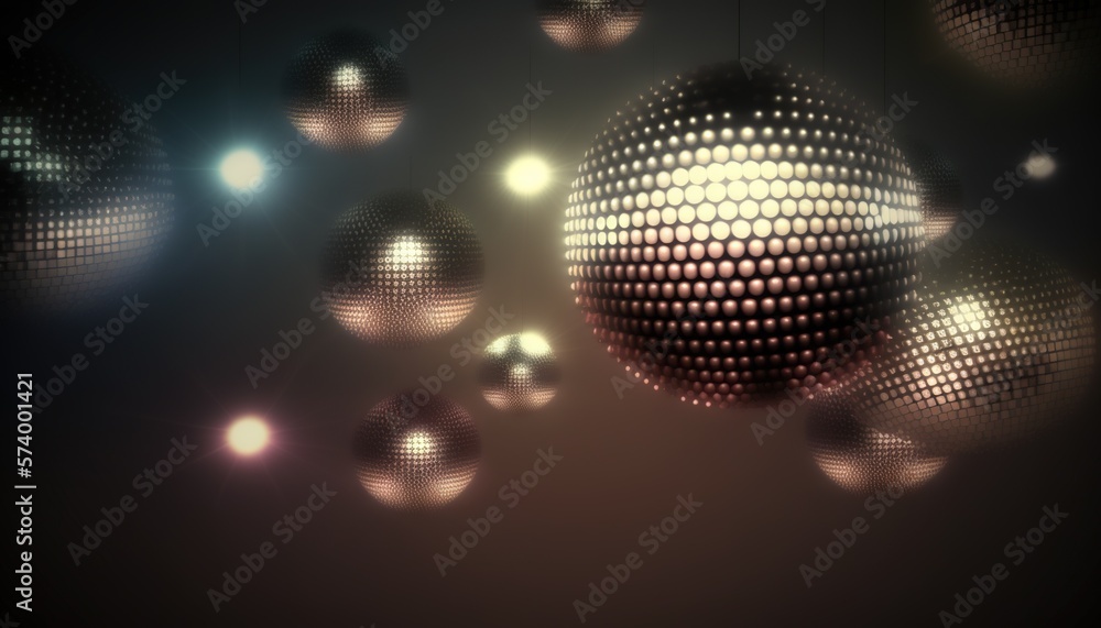  a group of shiny disco balls hanging from a ceiling in a dark room with lights coming from the ceil