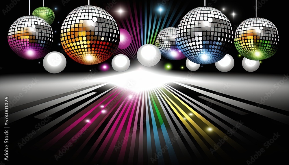  a colorful disco ball background with a disco ball and a starburst on the bottom of the image and a