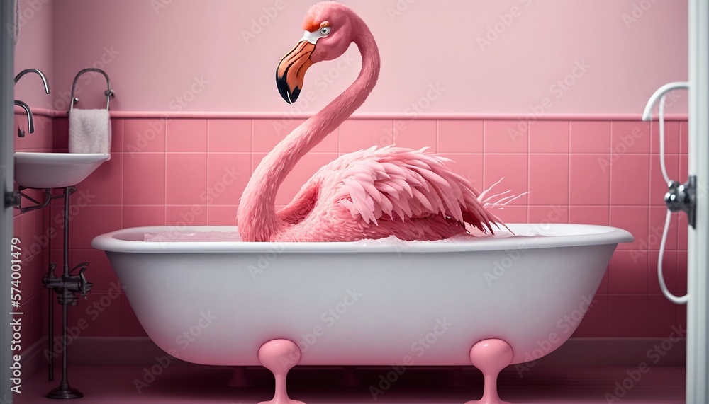  a pink flamingo in a bathtub with pink tiles and a pink wall in the background is a sink and a toil