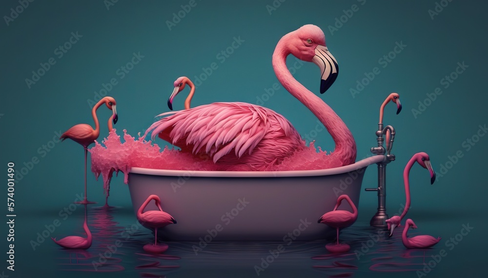  a pink flamingo in a bathtub surrounded by flamingos in a blue room with a green background and a b