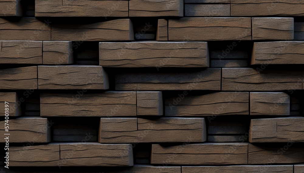  a close up of a brick wall made of wood planks with a black clock in the middle of the wall and a b