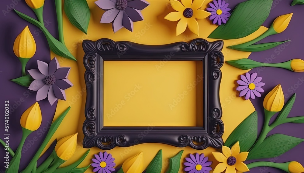  a picture frame surrounded by flowers on a purple and yellow background with green leaves and purpl