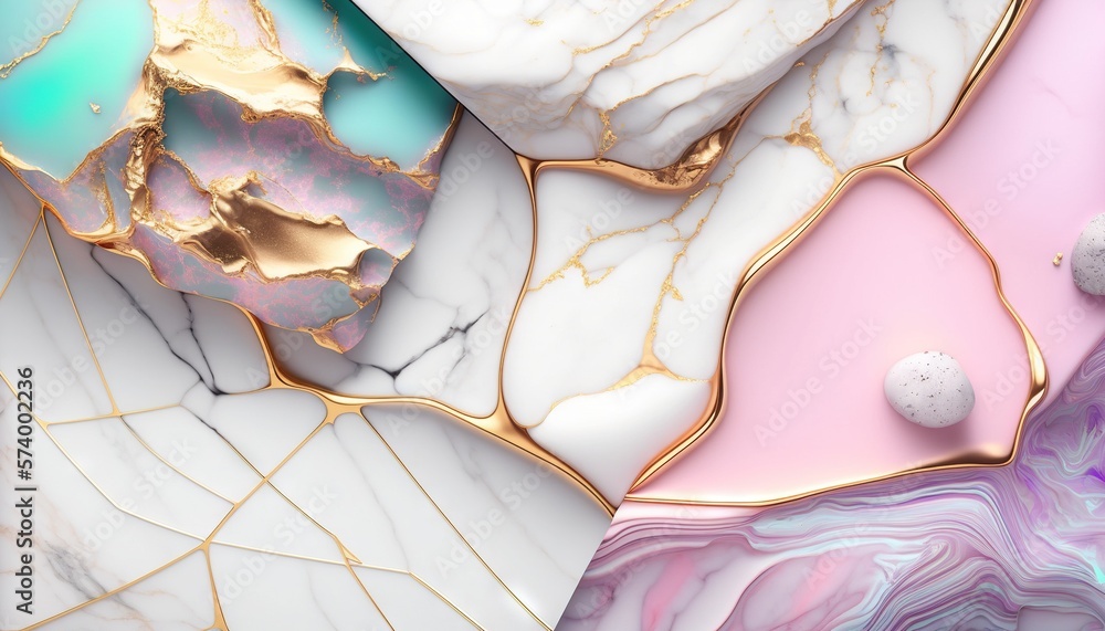  a close up of a marbled surface with gold and pink accents and a white ball on the top of the image