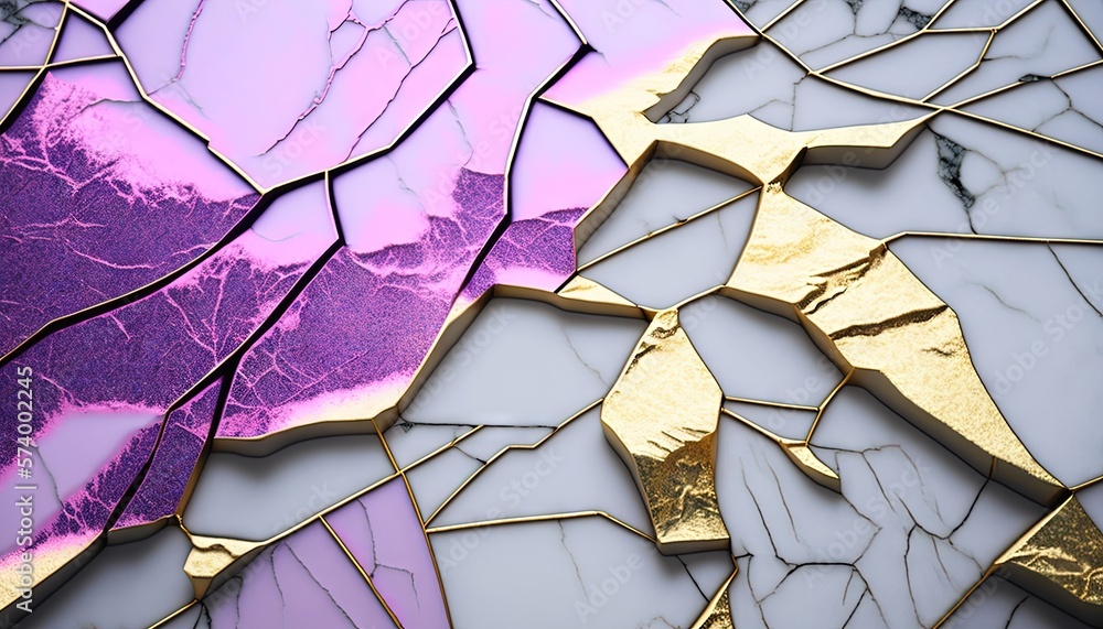  a close up of a piece of art with gold and purple paint on its surface and a piece of gold and pur