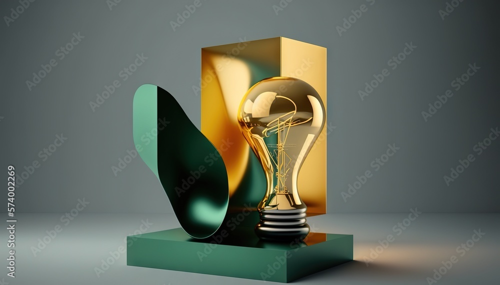  a golden light bulb sitting on top of a green stand with a green leaf on its side and a green leaf