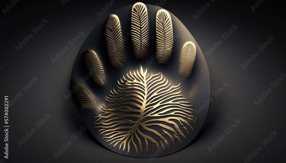  a black and gold hand print on a black surface with a gold leaf design on its palm print on the bo