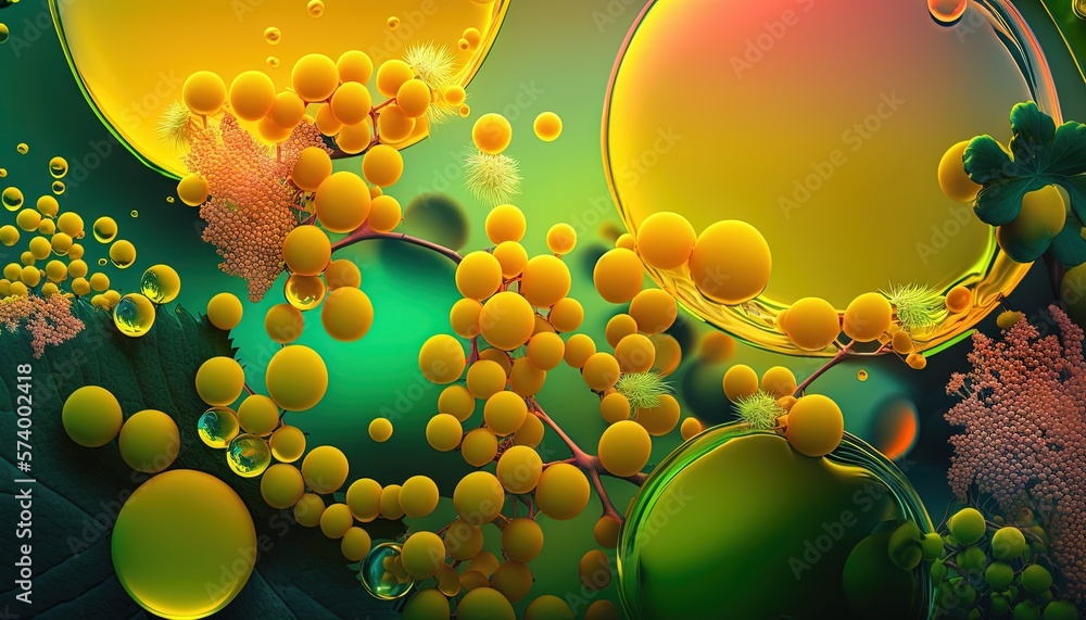  a computer generated image of a bunch of yellow balls and bubbles on a green background with a red 