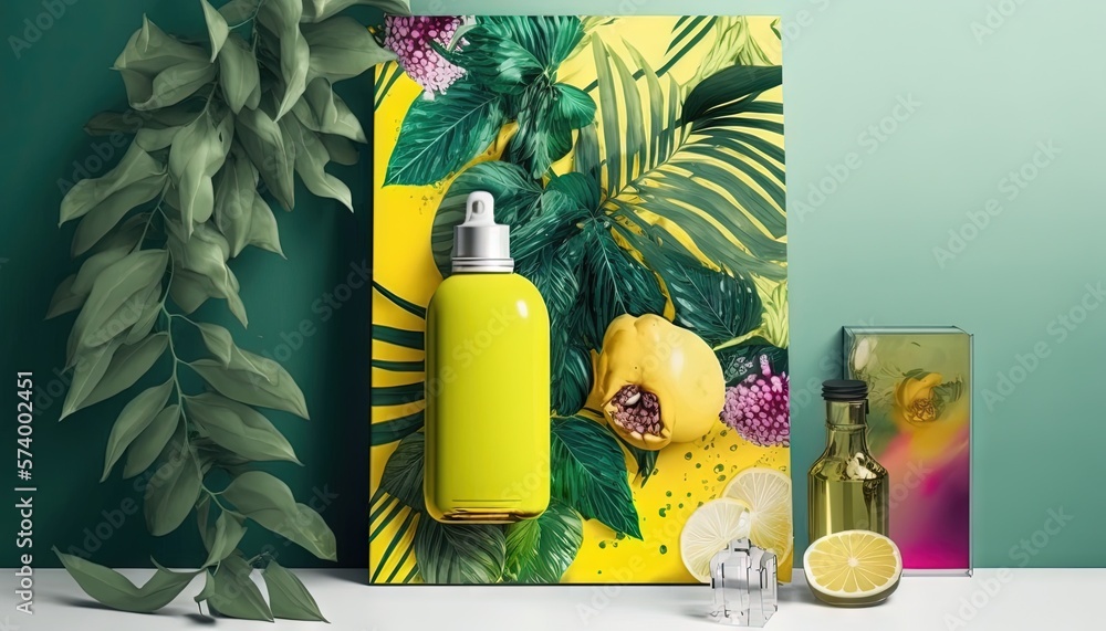  a yellow water bottle next to a green and yellow wall with a painting of tropical leaves and lemons