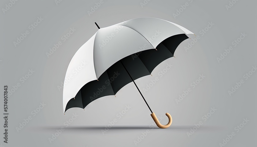  a black and white umbrella with a wooden handle on a gray background with a shadow from the bottom 