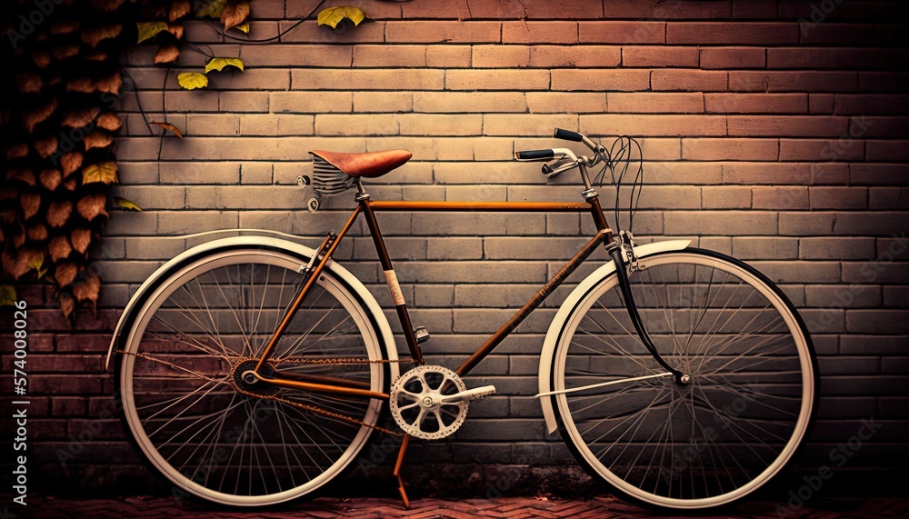  a bicycle parked against a brick wall with ivy growing on the side of it and a brick wall with ivy 