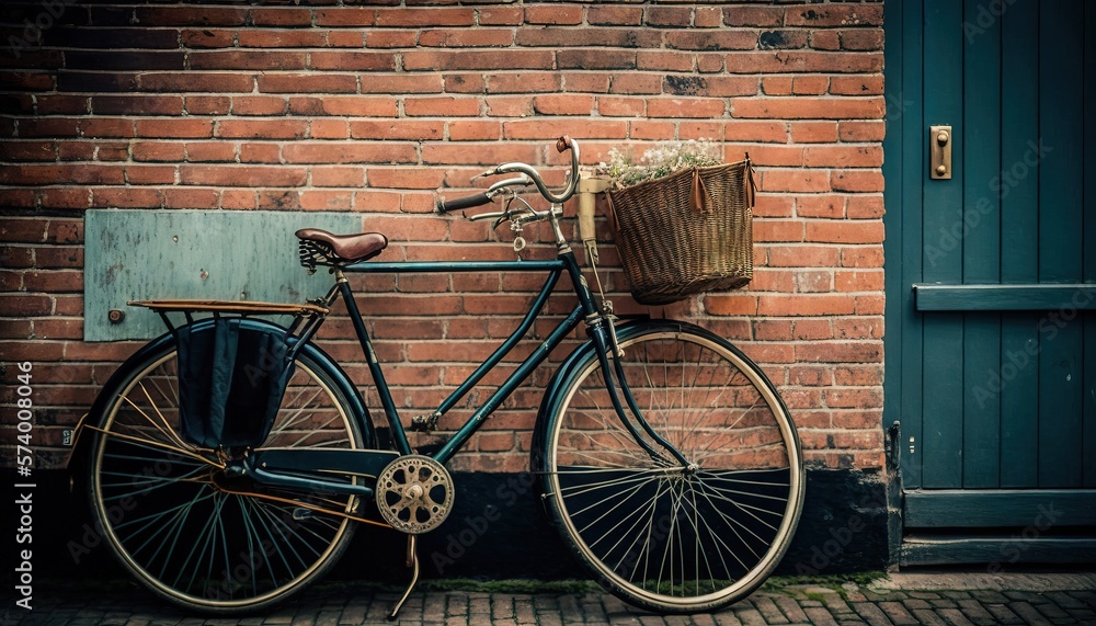  a bicycle parked next to a brick wall with a basket on the back of its front wheel and a basket on