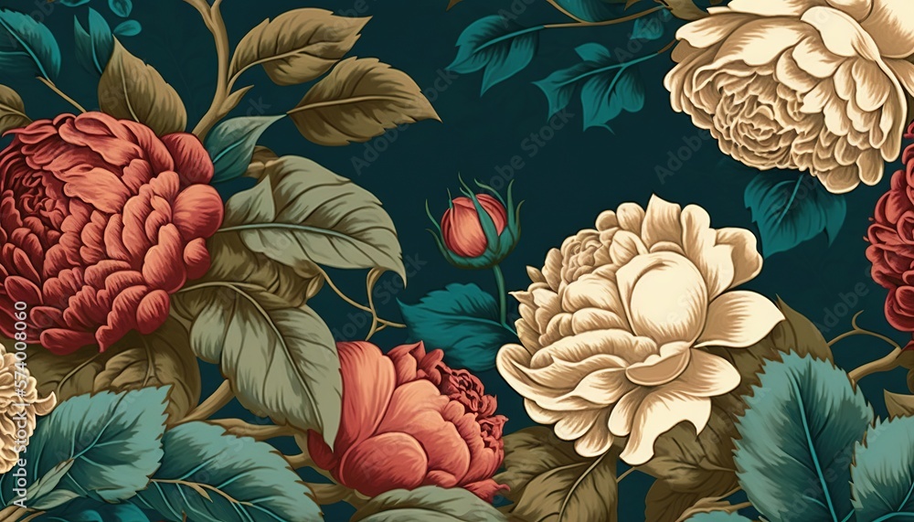  a floral wallpaper with many flowers and leaves on a dark blue background with green leaves and red