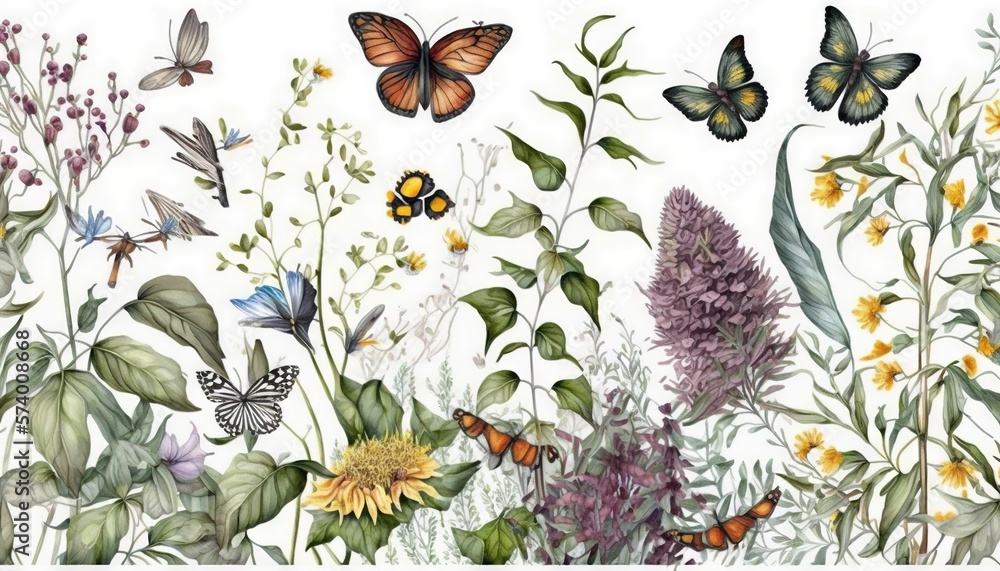  a bunch of butterflies flying around a field of flowers and plants with leaves and flowers around t