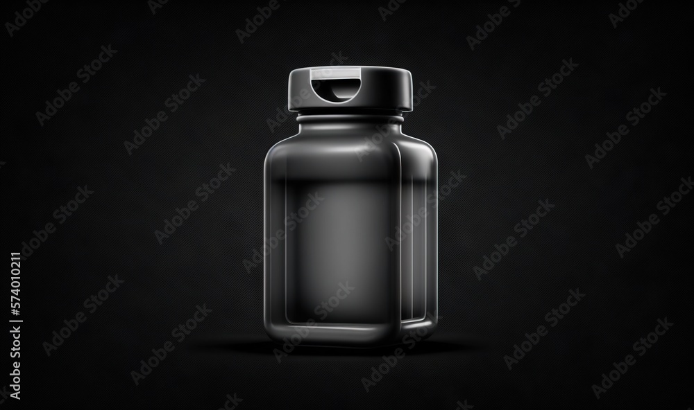  a black bottle with a lid on a black background with a shadow.  generative ai