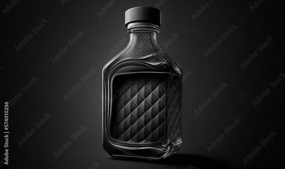  a bottle of black liquid on a black background with a diamond pattern.  generative ai