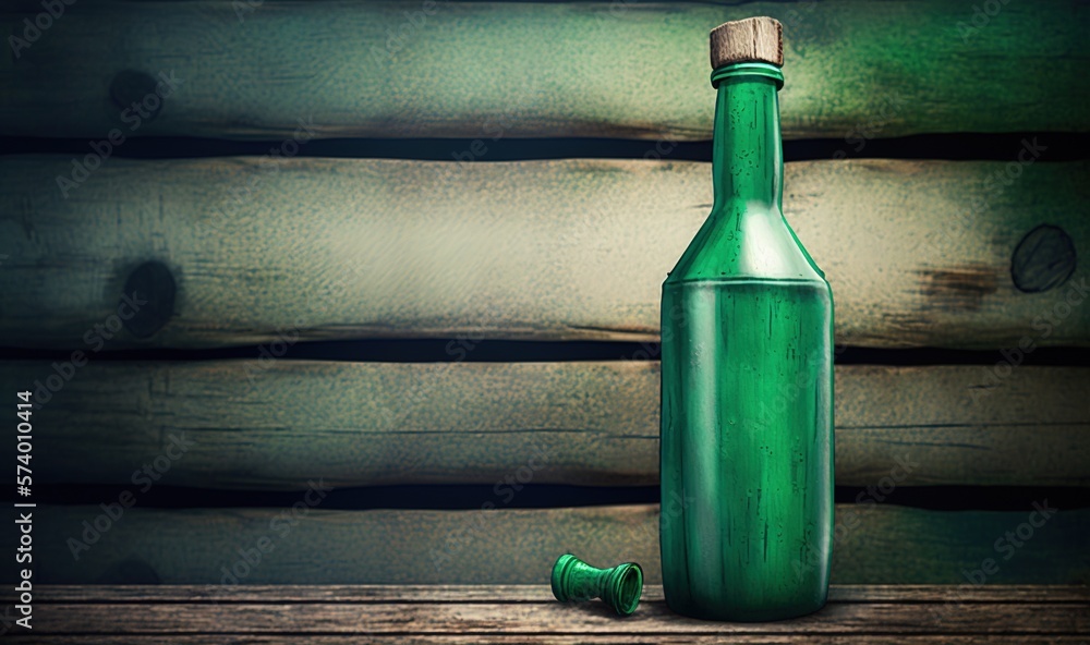  a green bottle sitting on top of a wooden table next to a bottle opener.  generative ai