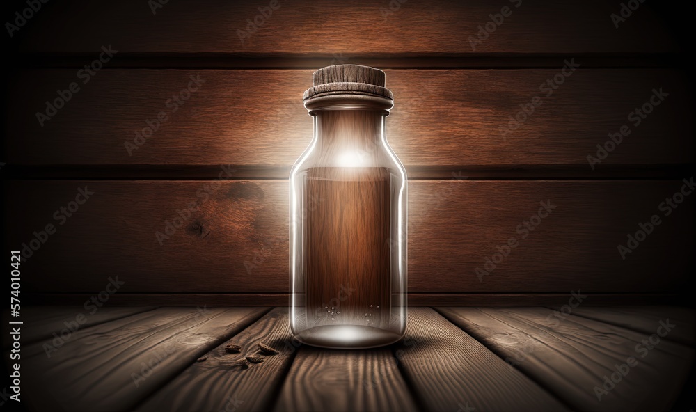  a glass bottle with a wooden lid on a wooden table.  generative ai