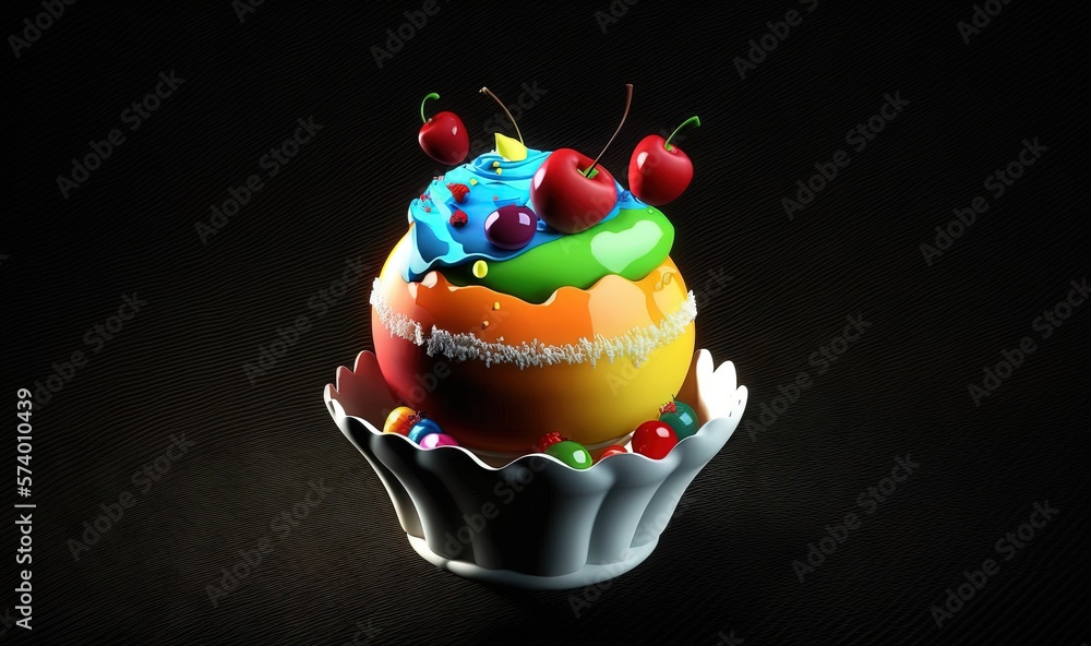  a colorful cupcake with cherries on top of it.  generative ai