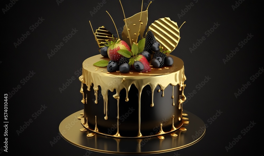  a chocolate cake with fruit on top of it on a gold plate.  generative ai