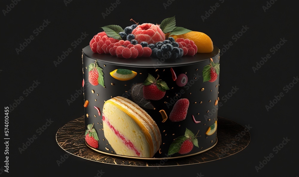  a cake with fruit on top of it on a plate.  generative ai