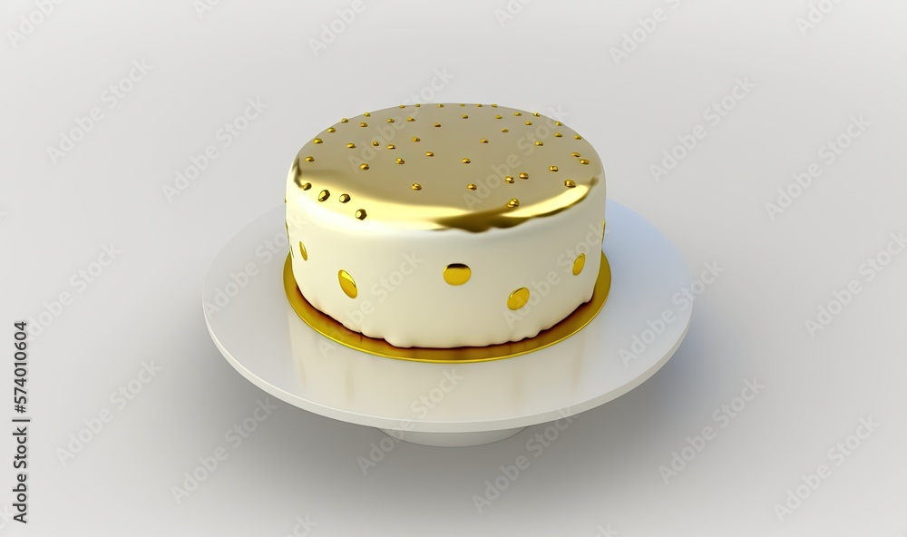  a white and gold cake on a plate on a table.  generative ai