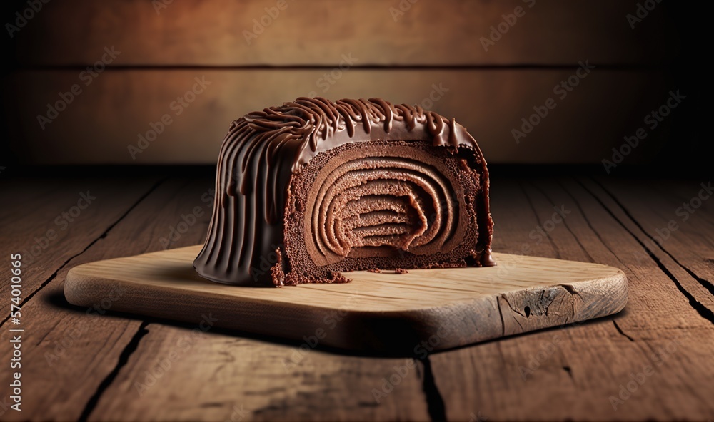  a piece of chocolate cake sitting on top of a wooden cutting board.  generative ai