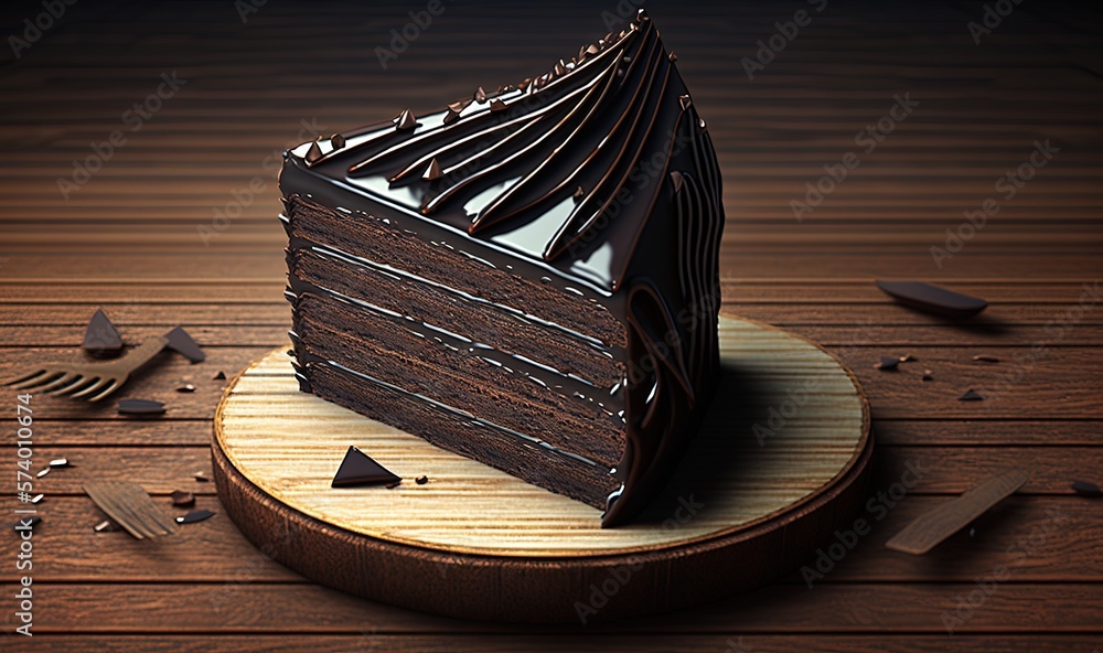  a piece of chocolate cake sitting on top of a wooden table.  generative ai