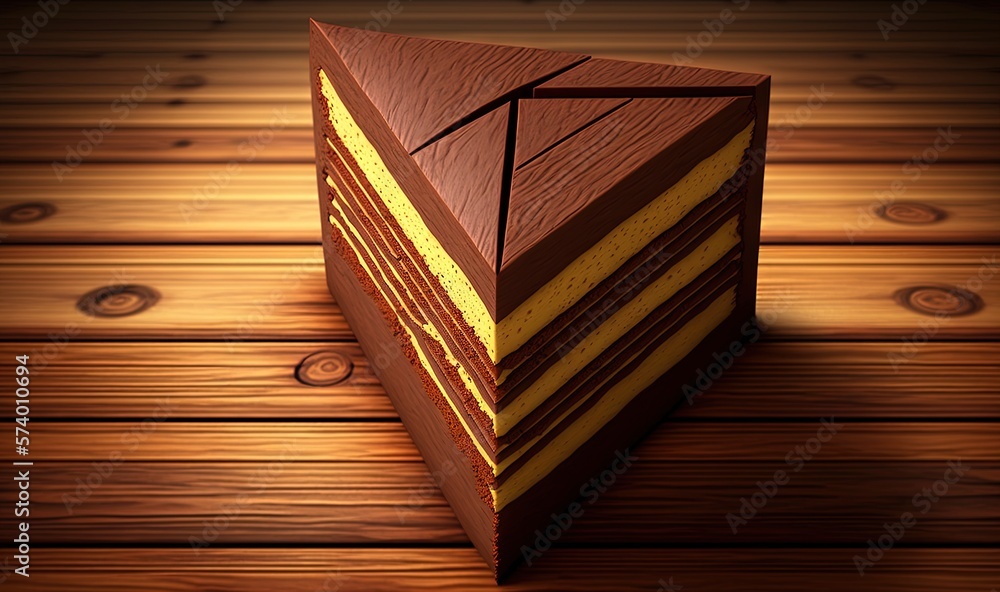  a piece of cake sitting on top of a wooden table.  generative ai