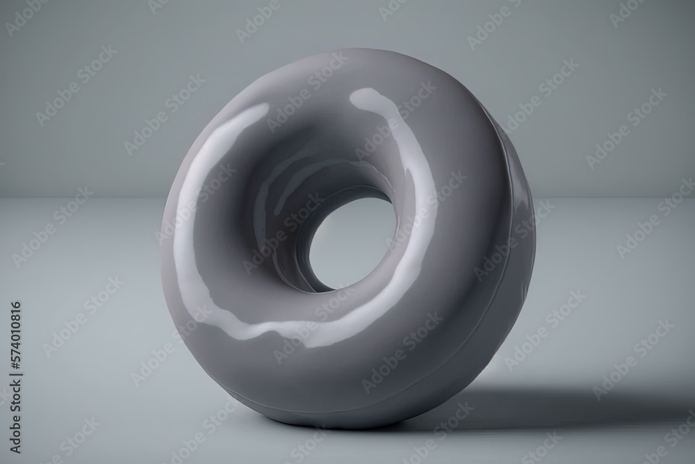  a large gray doughnut sitting on top of a table.  generative ai