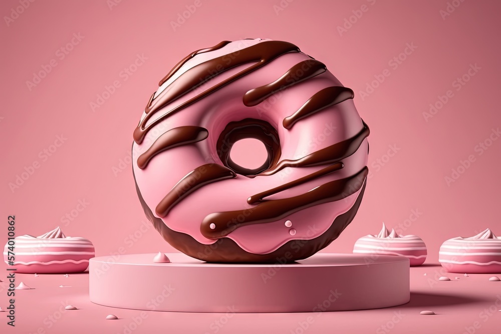  a pink donut with chocolate icing on a pedestal.  generative ai