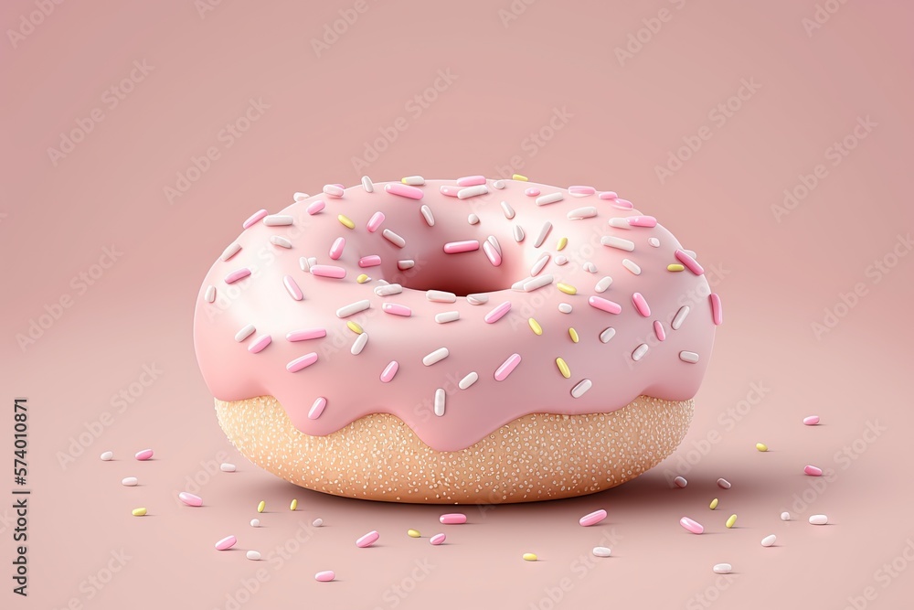  a donut with pink icing and sprinkles on a pink background.  generative ai