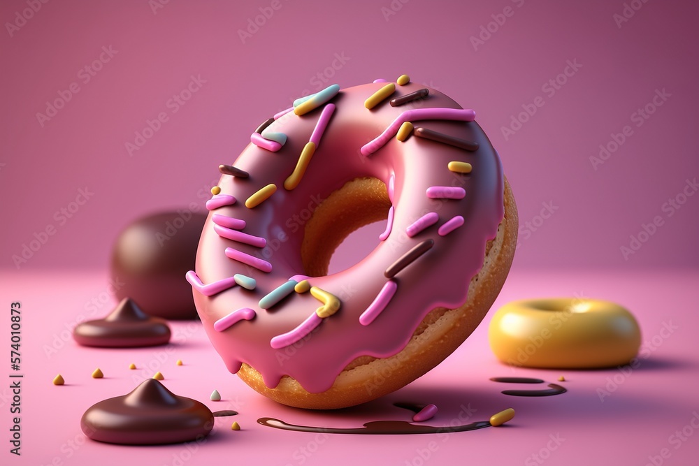  a donut with pink icing and sprinkles on a pink background.  generative ai