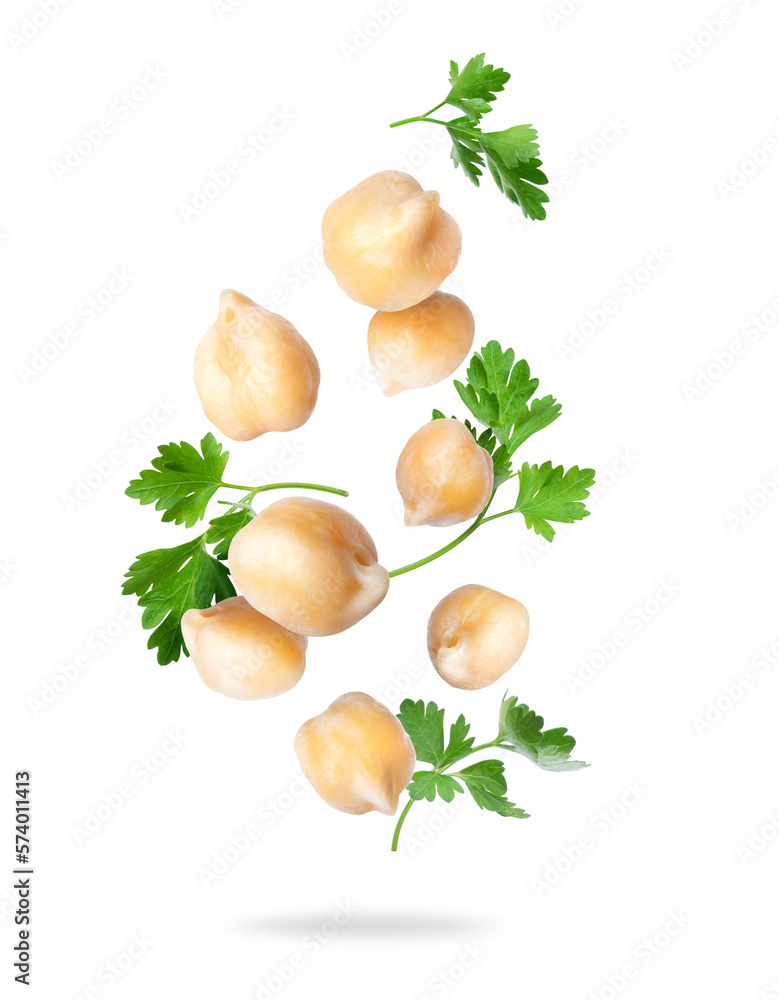 Chickpeas with parsley leaves close up in the air isolated on a white background