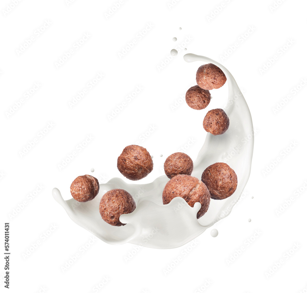 Rye cocoa balls with milk splash closeup isolated on white background