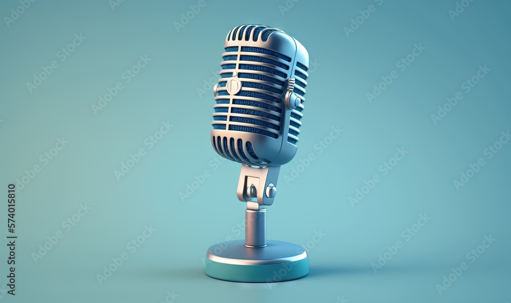  a blue microphone on a stand on a blue background with a shadow.  generative ai