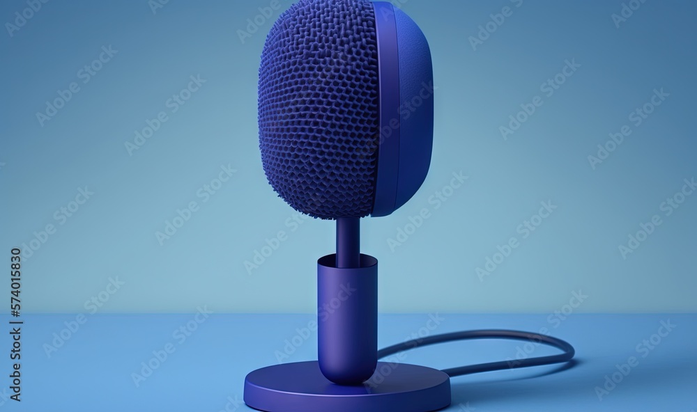  a blue microphone on a blue surface with a cord attached to it.  generative ai