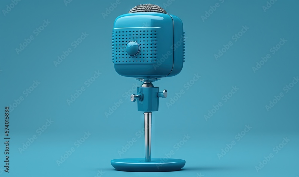  a blue microphone on a stand on a blue background,.  generative ai