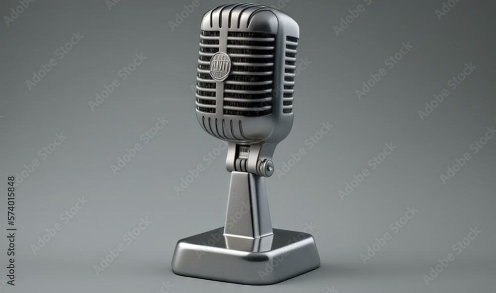  an old fashioned microphone on a stand on a gray background.  generative ai