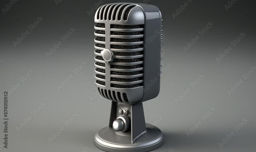  an old fashioned microphone on a stand on a gray background.  generative ai