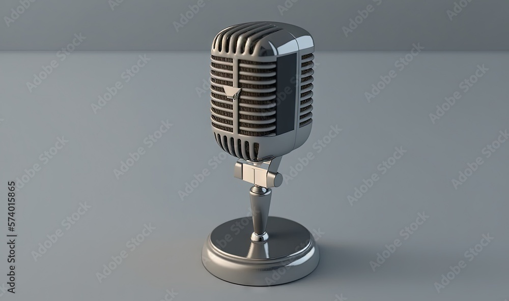  an old fashioned microphone on a stand on a gray background.  generative ai