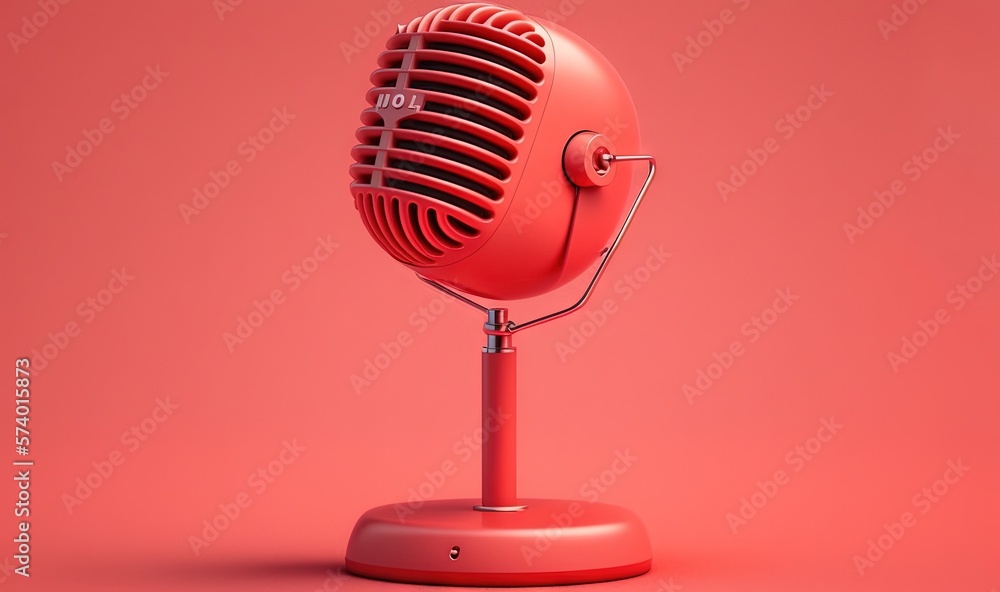  a red vintage microphone on a stand on a pink background.  generative ai