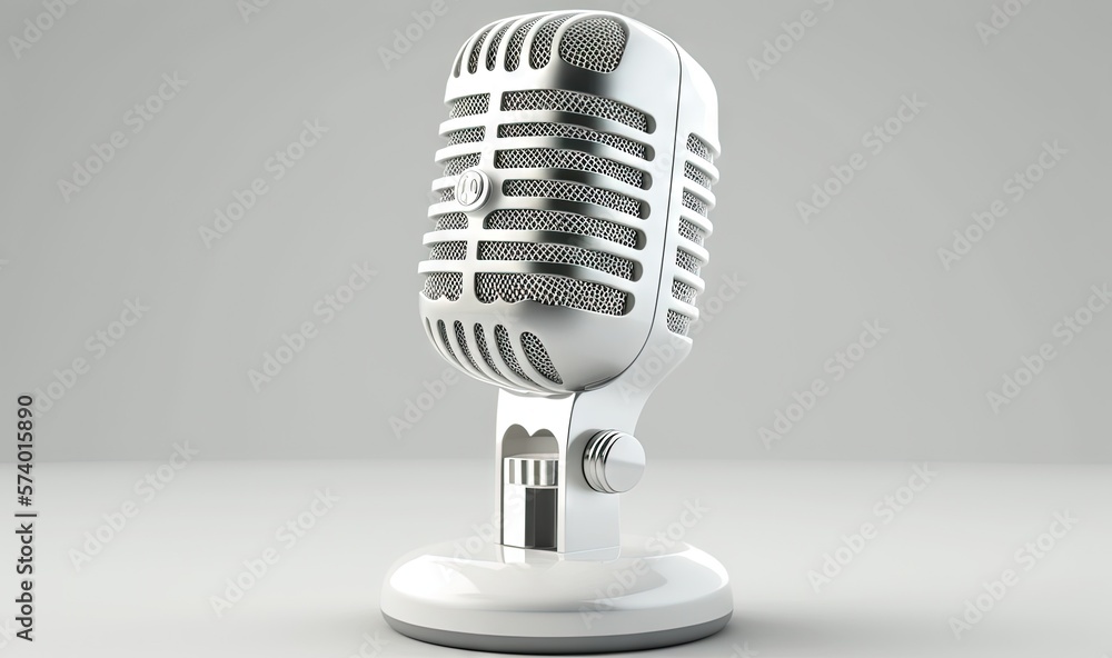  an old fashioned microphone on a stand on a white surface.  generative ai