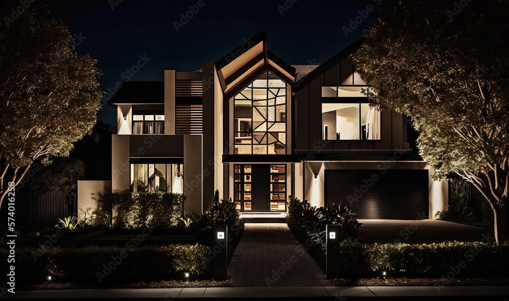  a house lit up at night with lights on the windows.  generative ai