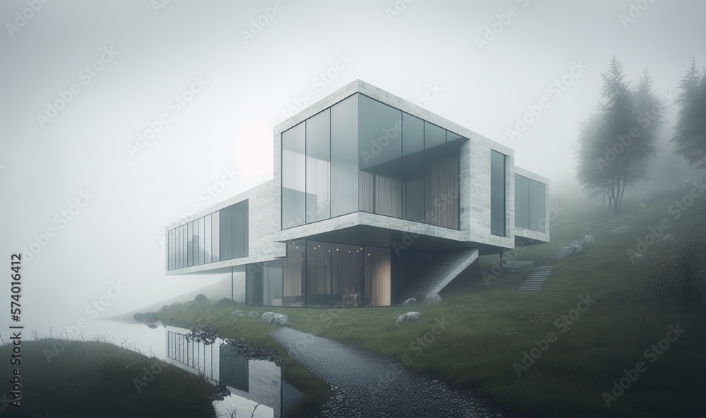  a house on a hill with a river running through it.  generative ai