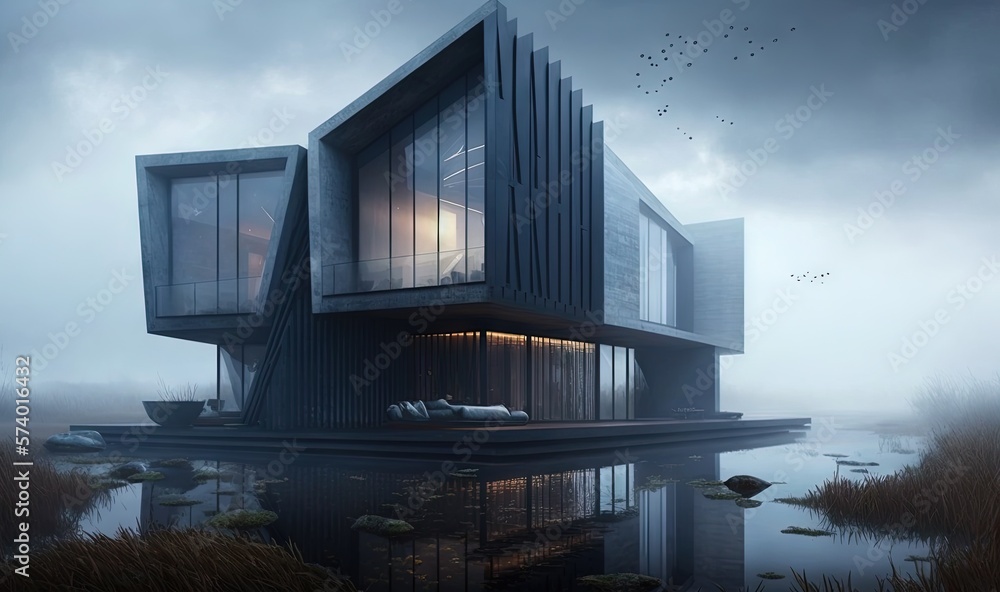  a building with a lot of windows and a body of water in front of it.  generative ai