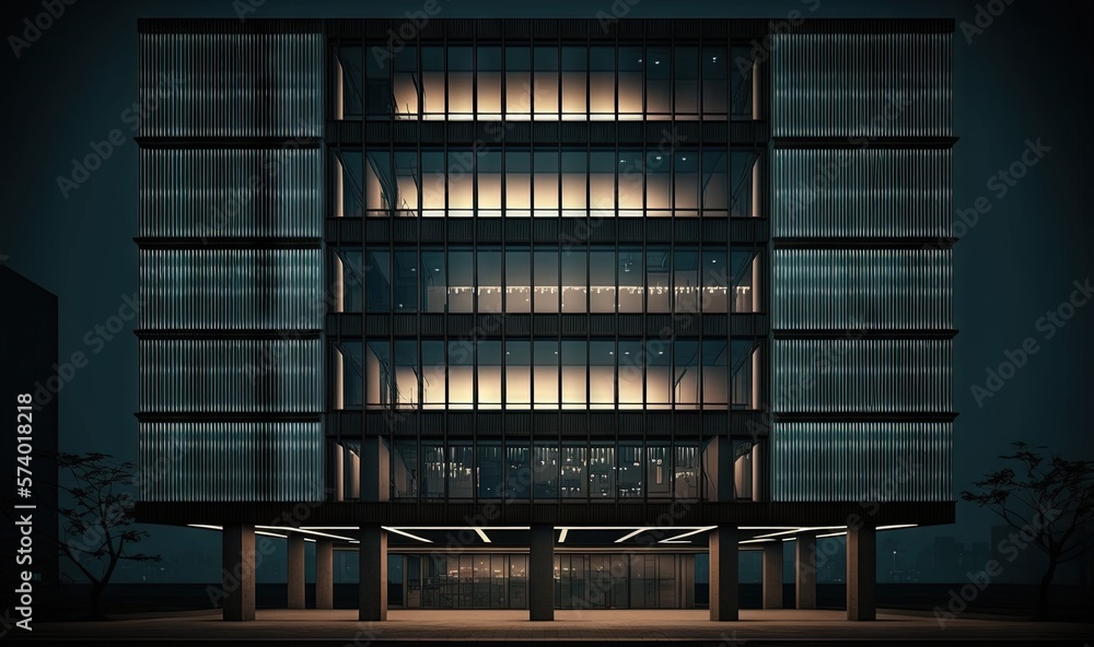  a tall building with lots of windows and lights on it.  generative ai