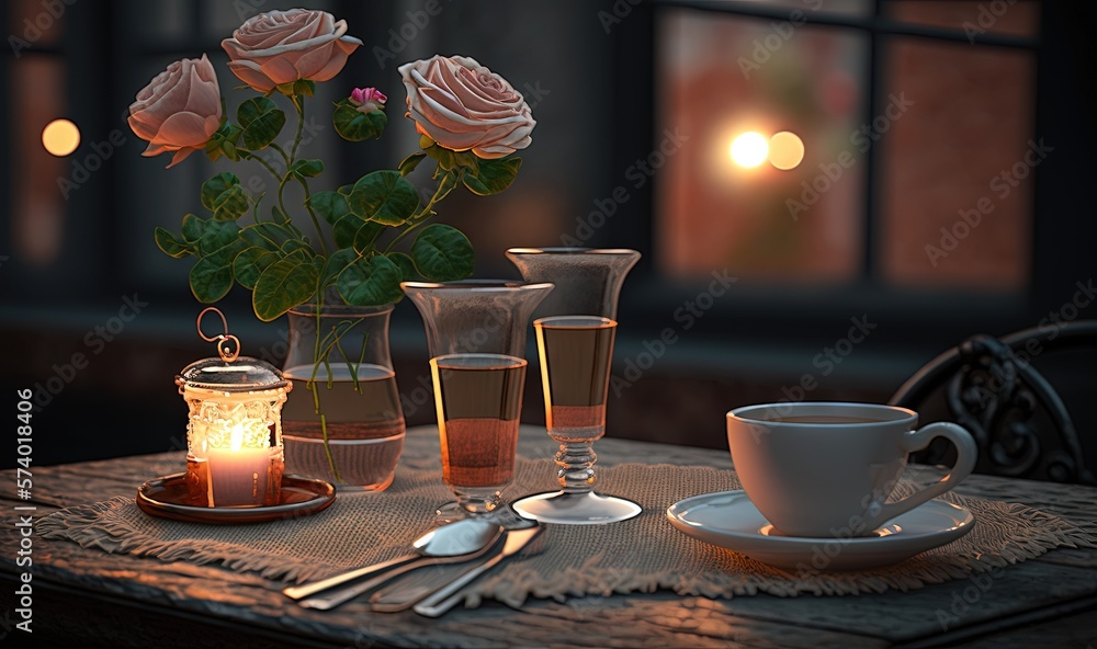  a table topped with a vase filled with roses next to a candle.  generative ai