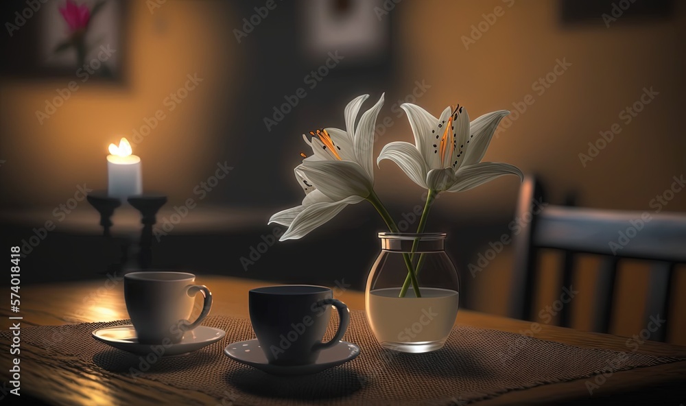  a vase of flowers sitting on a table next to a cup of coffee.  generative ai