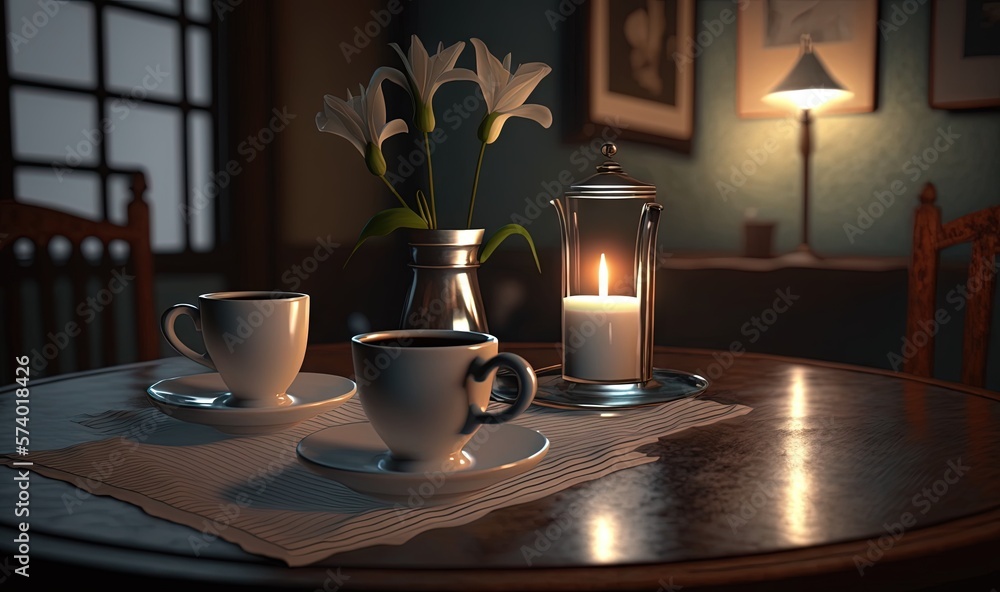  a table with two cups and a candle on it and a vase with flowers.  generative ai